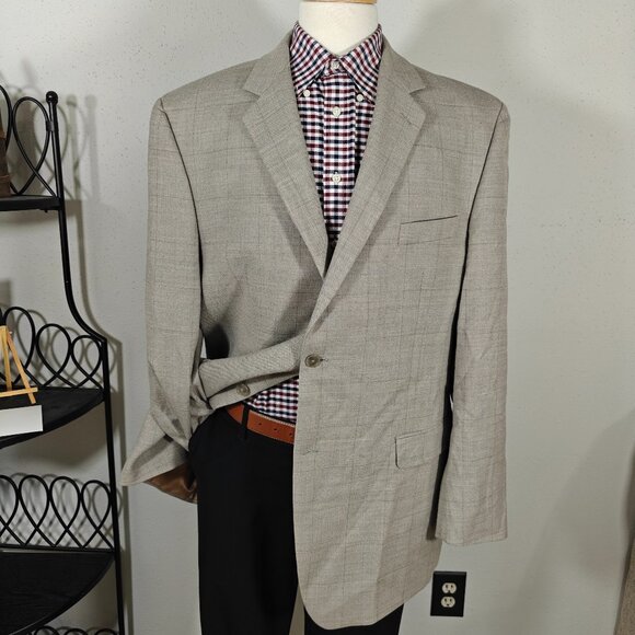 Calvin‎ Klein Men's Sport Coat Blazer Two Button Taupe Grayish Plaid Wool Sz 46L - Picture 1 of 16